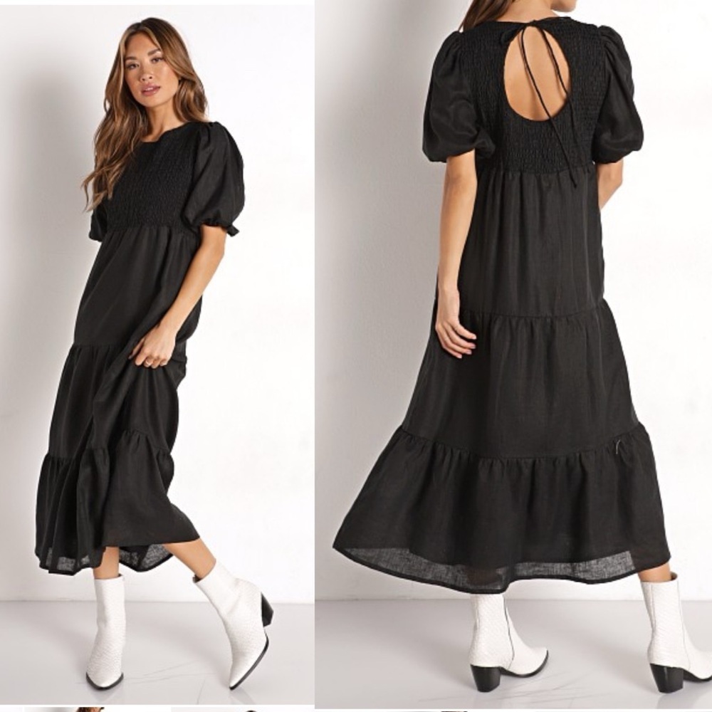 Faithfull the Brand Black Tiered Midi Dress with Puff Sleeves